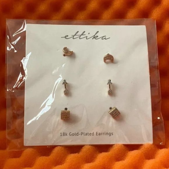 BNWT Ettika Moon, Arrow & Square Crystal 18k Gold Plated Stud Set - Picture 4 of 8